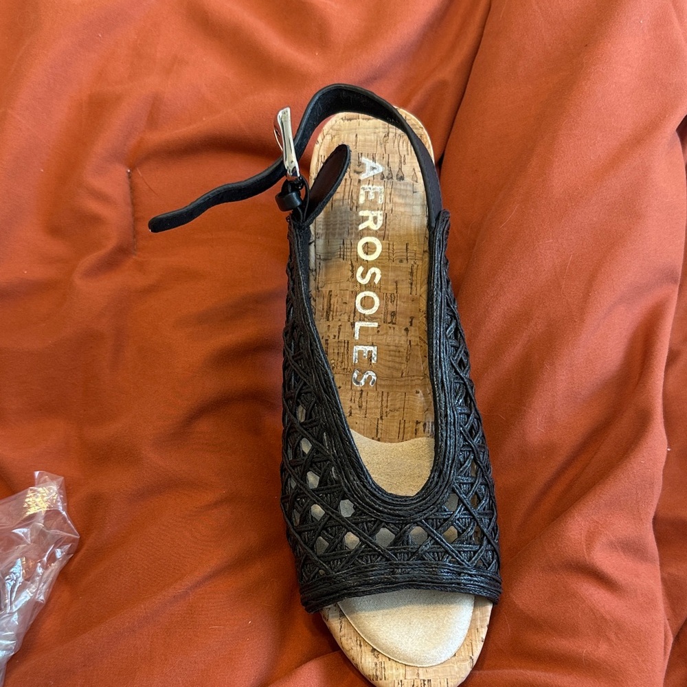 AEROSOLES Black Woven Slingback Cork Footbed Sandals